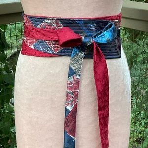 Blue Red geometric shimmer Japanese Obi style reused men’s silk ties wrap belt